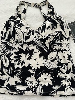 Island Escape Black & White Floral Halter Swim Top
